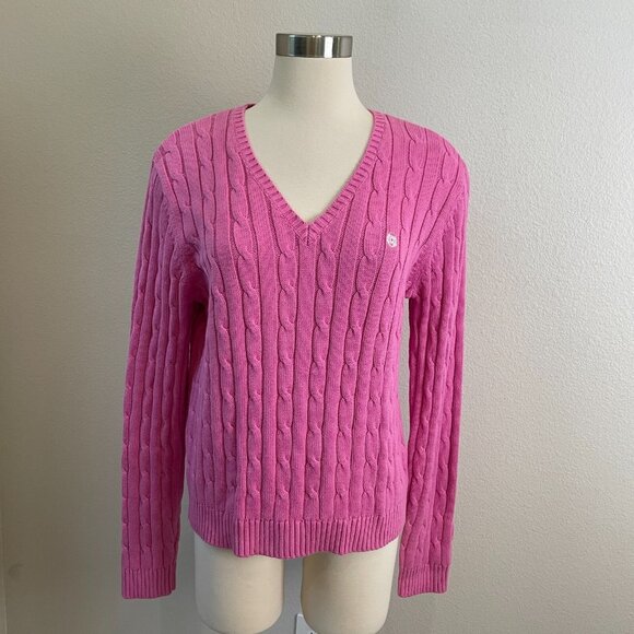 NEW Chaps Womens XL Pink Cable Knit Sweater V Neck Long Sleeve Knit Top - Picture 1 of 13